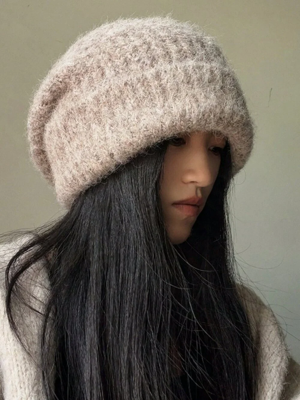 Khaki Casual Women's Fuzzy Plain Knitted Long Beanie